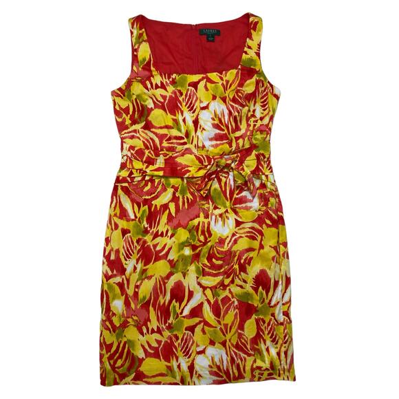 RALPH LAUREN LRL Yellow Red Tropical Floral Print Cotton Stretch Dress Size 12 - Picture 4 of 11